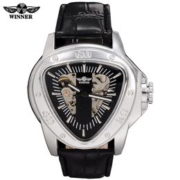 Winner Men Triangle Automatic Self-wind Mechanical Watches Mens Sports Fashion Military Leather Band Skeleton Mechanical Watches S280p