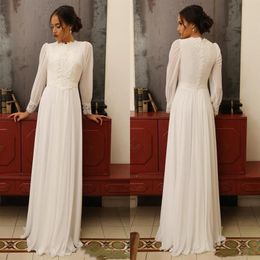 Vintage Summer Chiffon A-Line Wedding Dresses Puffy Long Sleeves High Neck Appliques Lace Floor Length Bridal Gowns262N