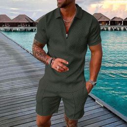 Men's Tracksuits Hawaiian Man'S Two Piece Suit Zipper Laple Short Sleeve Tee Shirt Shorts With Pocket Holiday Vacation Travel Beach Male Top