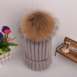 Berets Autumn Winter Beanies Hat Knitted Skullies Real Raccoon Big Fur Pom Poms Pompom Casual Cap For Women Kids Removable Snaps