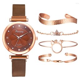 Wristwatches 5PCS Bracelet Watches Set Fashion Women Rose Gold Mesh Belt Quartz Watch For Business Clock Relogio Feminino