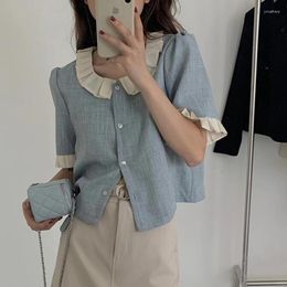 Women's Blouses Short Sleeve Korean Crop Top Blusas Mujer De Moda 2023 Doll Collar Plaid Shirt Femme Women Suit Tweed Coat Black