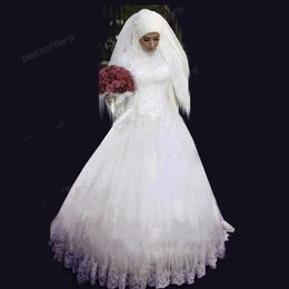 Brautkleider in A-Linie mit Hijab, perlenbesetzte Kristalle, Stehkragen, langärmeliges Kleid, Spitzen-Paillettenapplikationen, bodenlang, muslimische Brautmode g3009