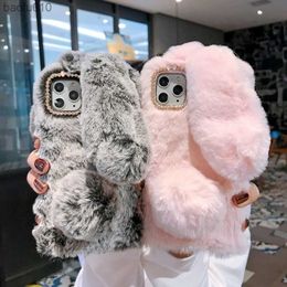 Warm Rabbit Fluffy Fur Phone Case For iPhone 14 Pro Max 13 12 11 Pro Max X XR XS Max 7 8 Plus Coque 3D Rabbit Ears Soft Back Bag L230619