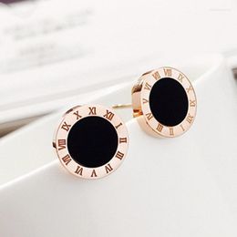 Stud Earrings 2023 Classic Roman Numerals Round Black Enamel For Women Stainless Steel Rose Gold Plated Earring Party Jewellery