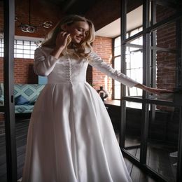 2020 New Arrival A-line Modest Wedding Dresses Long Sleeves Satin Vintage Informal Bridal Gowns LDS Wedding Dress Custom Made255E