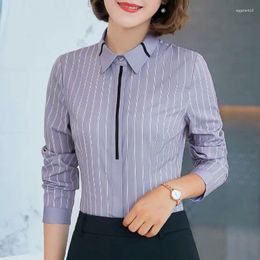 Women's Blouses Business Casual Office Lady Elegant Fashion Skinny Striped Turn-down Collar Button Spring Summer Thin Clothing