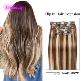 Indian 100% Virgin Human Hair Extensions 6/613 Piano Colour Clip-In On Hair Products 14-24inch 4/613 4/27 18/613 Wholesale Yirubeauty