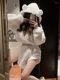 Women's Tracksuits Deeptown White 2 Piece Sets Women Outfits Harajuku Kawaii Bear Ear Hoodies High Waist Shorts Set Korean Sweet Casual Suit