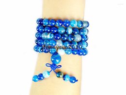 Strand Natural Blue Stripe Ag-ate 8mm Gem Stone Buddhist 108 Beads Prayer Mala Multi-Purpose Stretchy Bracelet Necklace 2Strands/Pack