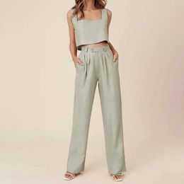 Women's Two Piece Pants Ladies Summer Casual Square Neck Wide Shoulder Strap Sleeveless Vest Top High Waist Straight Leg Street Pant Suits