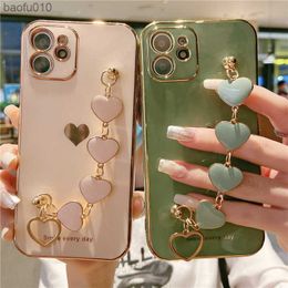 Love Heart Phone Case For iPhone 11 12 13 14 Pro Max XS Max XR X 8 7 Plus 11Pro Shockproof Wrist Strap Chain Electroplated Cover L230619