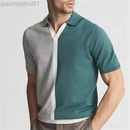 Men's T-Shirts 0003 America Style Chic Patchwork Knitted Polo Shirt Men's Spring Summer Fashion Lapel V-neck Short Sleeve Simple Casual T-shirt L230713