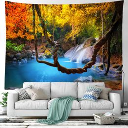 Tapestries Landscape Waterfall Tapestry Wall Hanging Flowers Mysterious Forest Tree Jungle Large Tapestry Art Aesthetic Room Decor Bedroom