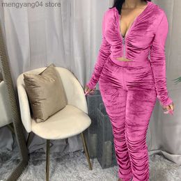 Women's Two Piece Pants Autumn Winter Velvet Tracksuit Two Piece Set for Women Matching Sets Ruched Hoodies Jacket Stacked Pants Joggers Sweat Suits T230714