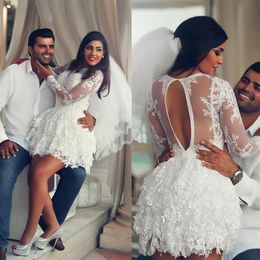 Lace Arabic Short Wedding Dresses Lace Applique Sheer Neck Long Illusion Sleeve Backless Bridal Gowns Custom Made286a