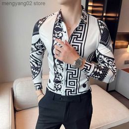 Men's Casual Shirts 23Color 6XL Luxurious Man Vintage Printed Social Shirts Mens White Slim Fit Long Sleeve Dress Shirt Fashion Casual Chemise Homme T230714