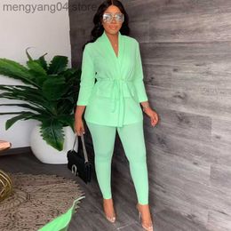 Women's Two Piece Pants Elegant Work Wear 2 Piece Set for Women Drawstring Waist Blazer Top and Pencil Pants Suit Office Ladies Matching Sets Outfits T230714