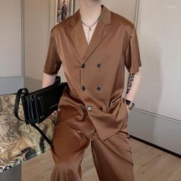 Men's Tracksuits SYUHGFA Solid Colour Silks Satins Short Sleeve Shirts Men Casual Two Pieces Sets 2023 Korean Loose Simple Fashion Set
