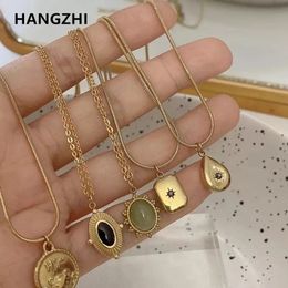 Pendant Necklaces HangZhi Korean Vintage Water Drop Star Round Bear Oval Necklace Geometric Gold Colour Steel Jewellery 230714