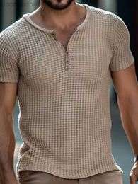 Men's T-Shirts Vintage Waffle Elastic Slim Tops Men Casual Pure Colour Short Sleeve Buttoned Crew Neck T Shirt 2023 Summer Fashion Mens T-Shirts L230713