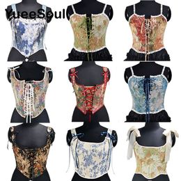 Women's Tanks Camis Vintage Women Corset Printed Sleeveless Bandage Hollow Out Slim Crop Tops Fashion Cute Y2K Sexy Female Bustier Camisole 230713