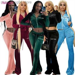 Women's Two Piece Pants Adogirl Lucky Label Embroidery Velvet Two Piece Set Long Sleeve Zipper Coat Crop Top High Waist Flare Pants Women Tracksuit T230714