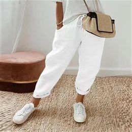 Women's Pants Wide-Leg High Waist Trousers Loose Causal Cotton Linen Drawstring Women Korean Solid Pocket Stretch Straight