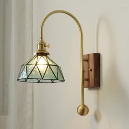 Wall Lamp Rerto Copper Living Study Room Bedroom Hallway Light Wood Base Glass Shade Indoor Decoration Lighting Fixtures