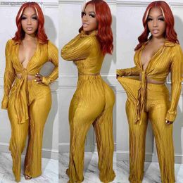 Women's Two Piece Pants Elegant Pleated Ladies 2 Piece Set Women Sexy Lace Up V Neck Long Sleeve Crop Top + Wide Leg Pants Club Fall Outfits Tracksuit T230714