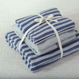 Bedding Sets 4pcs Cotton Jersey Knitted Fabric Contains 1 Blue Stripe Duvet Cover Solid Colour Fitted Sheet And 2 Pillow Cases