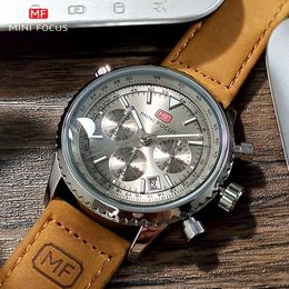 MINI FOCUS Chronograph Quartz Watches Men Brown Leather Strap Waterproof Wristwatch with Auto Date 24-hour Luminous Hans 0463