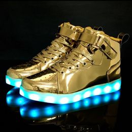 Dress Shoes Men's and Women's High Top Board Shoes Children's Luminous Shoes LED Light Shoes Mirror Leather Panel Shoes Large 25-47 230714