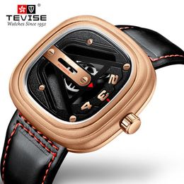 TEVISE Men Automatic Watch Fashion Square Dial Leather Mechanical Watch Date Waterproof Sport Military Male Clock282L