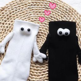 Women Socks Tiktok Couple Holding Hands Creative Magnetic Attraction Trend Funny Middle Tube Sock Black White Cute Versatile Stocking