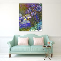 Canvas Art Hand Painted Oil Paintings of Claude Monet Water Lilies and Agapanthus Garden Landscape Artwork for Restaurant Decor