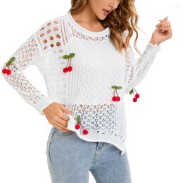Women's Sweaters Sweater Blouse Cherry Decoration Hook Flower Sexy Hollow Long Sleeve Bottom Knit Fir Autumn Fashion See Through
