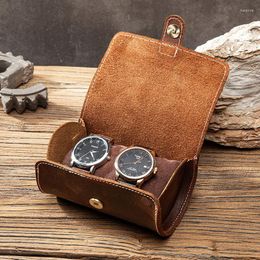 Watch Bands Crazy Horse Leather Round Roll Case Portable Vintage Holder Travel Wrist Jewellery Storage Pouch Organiser