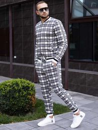 Men's Tracksuits New High Street Men Sets Zipper Jacket Chequered Track Suit Men Sportsuits Long Sleeve Stripe Coat+Pants Casual Sportswear suit T230714