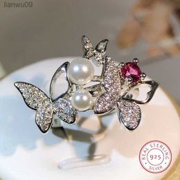 925 Silver Elegant Double Pearl Double Butterfly Full Zircon Ring Jewellery Ladies Zircon Sweet Girl Ring Birthday Party L230704