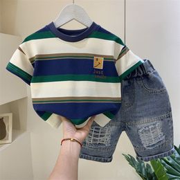 Tshirts Baby Boys Clothing Children Summer Teenage Clothes Toddler Stripe Cotton T Shirthole Denim Shorts 2pc Sets Kids Sports Outfits 230713