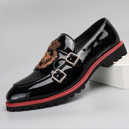 Black Loafers New Men Patent Leather Embroidered Breathable Slip On Solid Casual Shoes Handmade Size AA d