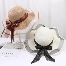 Wide Brim Hats 2023 Korean Style Woman Straw Hat Bow Ribbon Large Sunshade Ins Outing Fashion Beach Holiday Ladies Sun