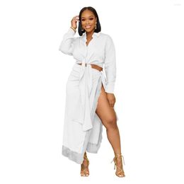 Work Dresses Sexy Women Summer Streetwear Set Female 2PCS Outfits Girl's Bow Shirt Tops High Slit Tassel Skirts Suit Lady's Two Piece Sets