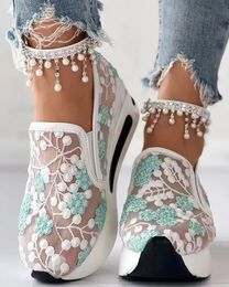 Sandal 's Sneakers Floral Embroidery Mesh for Women Slip on Casual Comfy Heeled Shoes Woman 230714