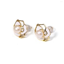 Stud Earrings Natural Freshwater Pearl Mountain Camellia White Mother Of Shell Cute For Women Jewellery Gift