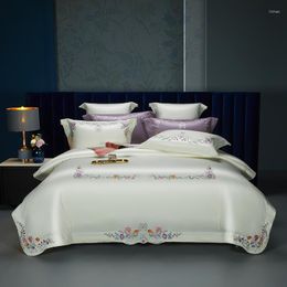 Bedding Sets Egyptian Cotton Luxury Set Flowers Embroidery Cream White Soft Duvet Cover Flat/Fitted Bed Sheet Pillowcases