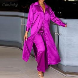 Women's Two Piece Pants Women Fashion Turn-down Collar Long Shirt And Wide Leg Set Elegant Satin Solid 2 Ladies Casual