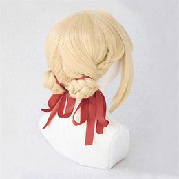 Violet Evergarden Ponytail Braid Buns Blonde Hair Heat Resistant Cosplay Costume Wig Cap Ribbon Y09132199