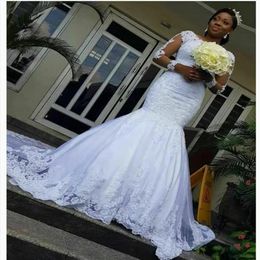 African Mermaid Wedding Dresses Lace Appliques Plus Size Wedding Dress Illusion Long Sleeves Bridal Gowns vestidos de novia283Z